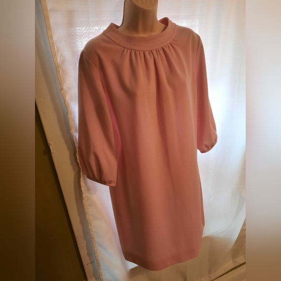 Vintage Pink Sheath Dress with Bishop Sleeves and Mock Neck - Picture 10 of 12